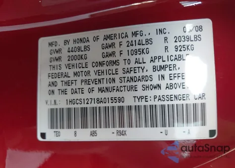 2008 Honda Accord 2.4 Ex из США, поврежденный, VIN 1HGCS12718A015590